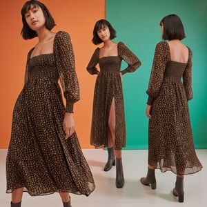 O.P.T Women’s Polka Dot Midi Dress W/Smocked Bodice & Cuffs Size Medium